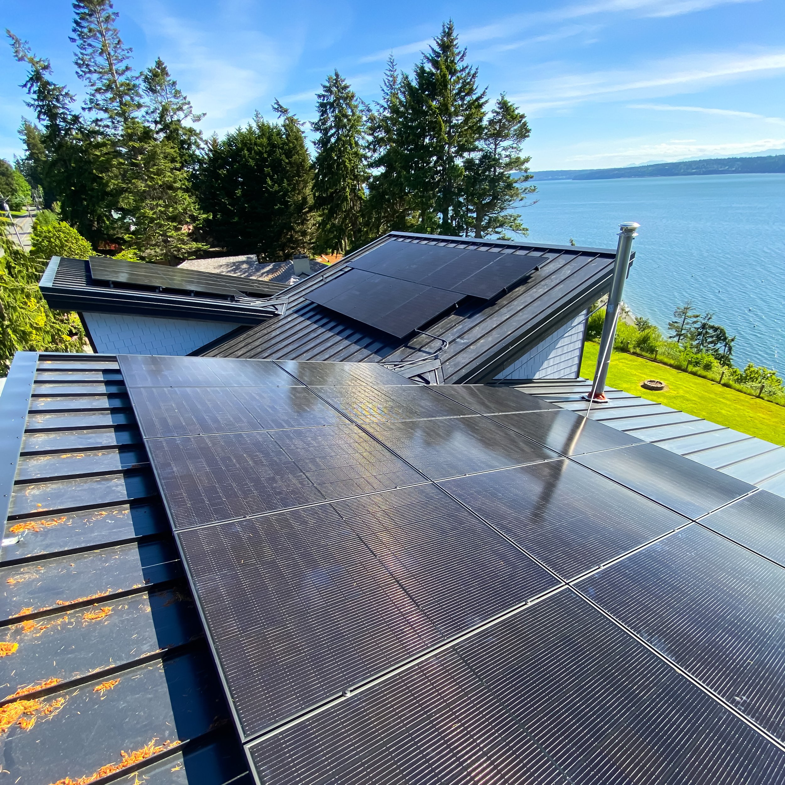 Camano Island solar panels overlooking the Puget Sound.