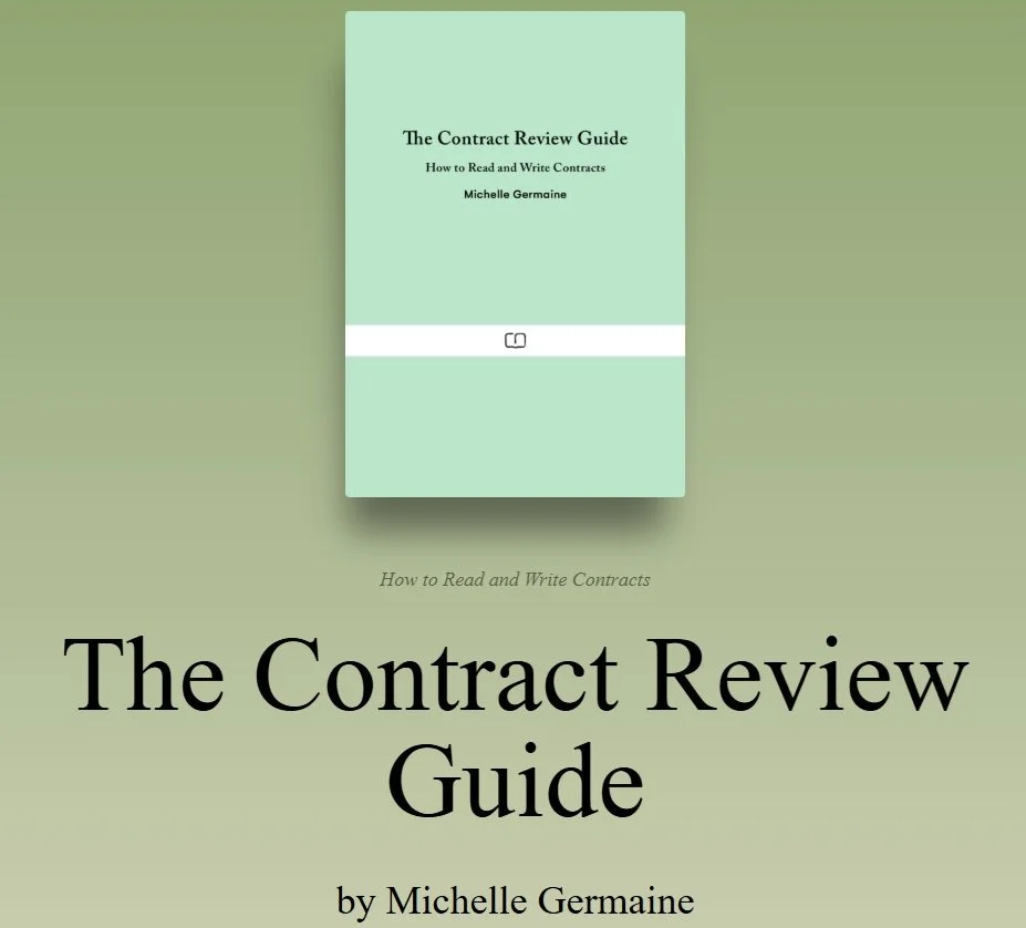 Book cover titled "The Contract Review Guide" by Michelle Germaine, with subtitle "How to Read and Write Contracts" and a light green background.