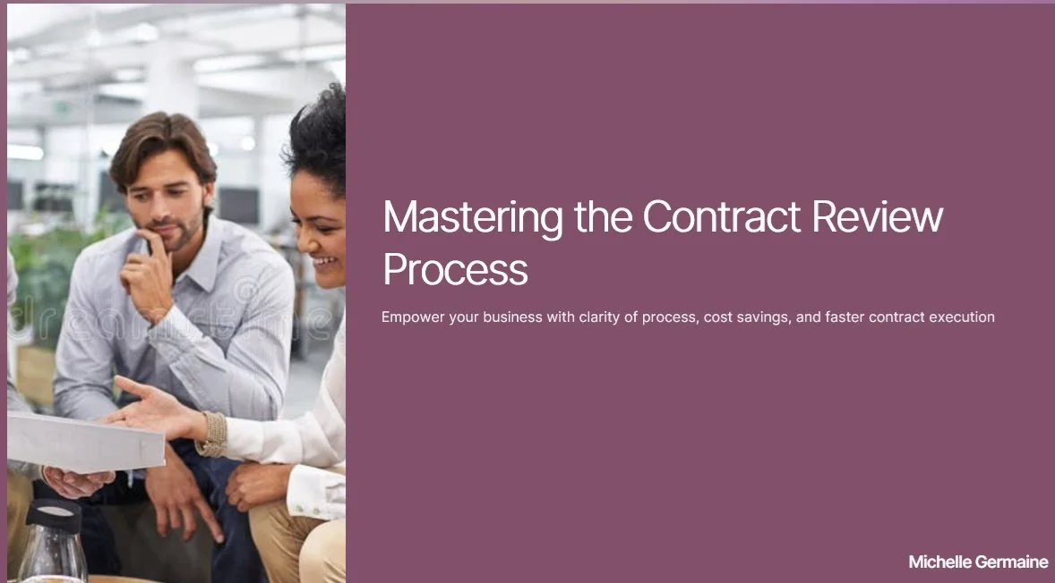 Two people sitting together in an office, looking at a document or tablet, discussing. The right side of the image has a purple background with white text that says, "Mastering the Contract Review Process" and smaller text below, "Empower your business with clarity of process, cost savings, and faster contract execution." The bottom right corner has the name Michelle Germaine.