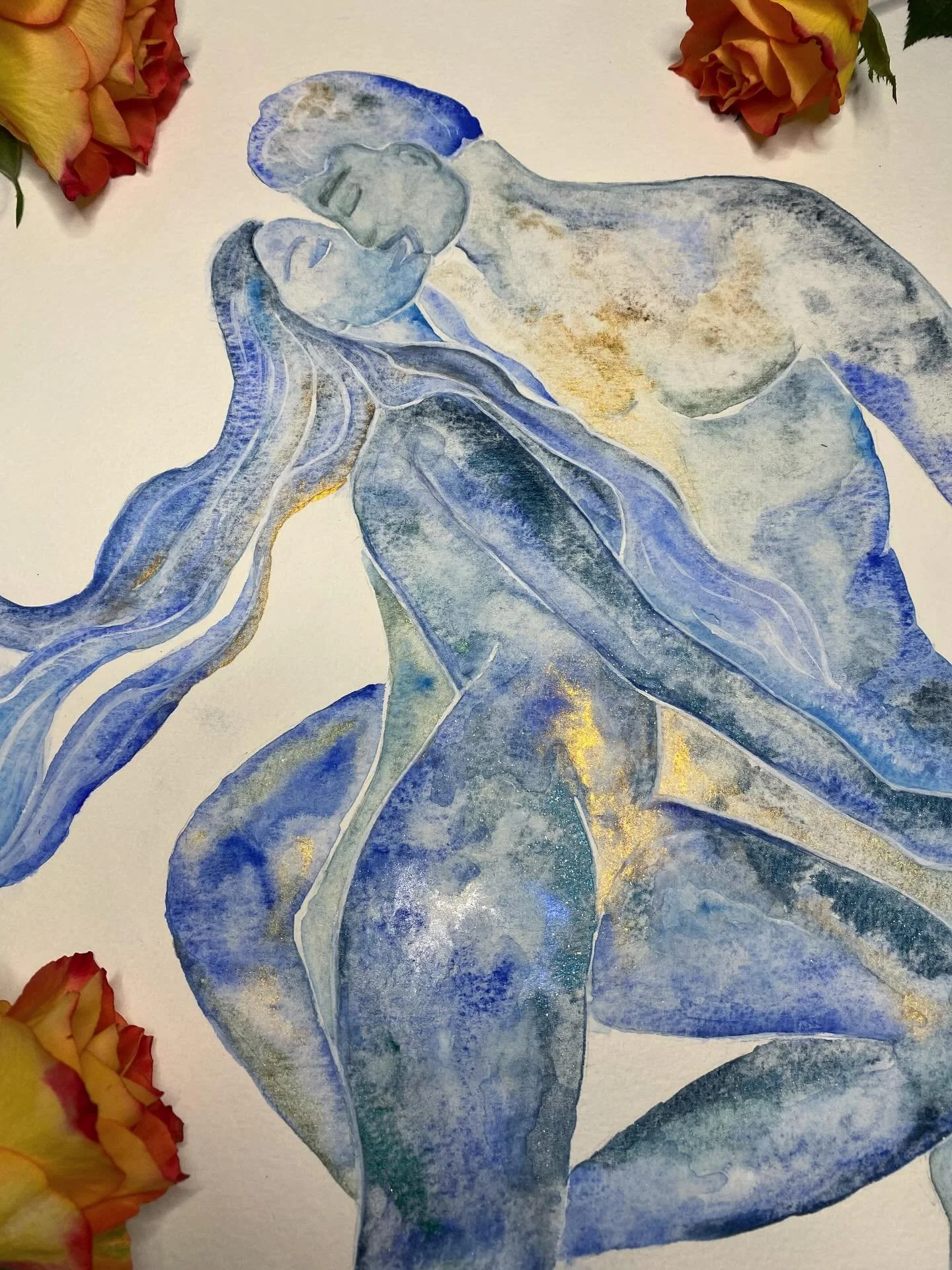 Oceanic Love 🌊 🐬 🌹 

Azurite, Malachite, indigo, and other various sparkly and gold paints! ✨
There is a video of the process of making this painting pinned on my profile if you wanna see more 🩵