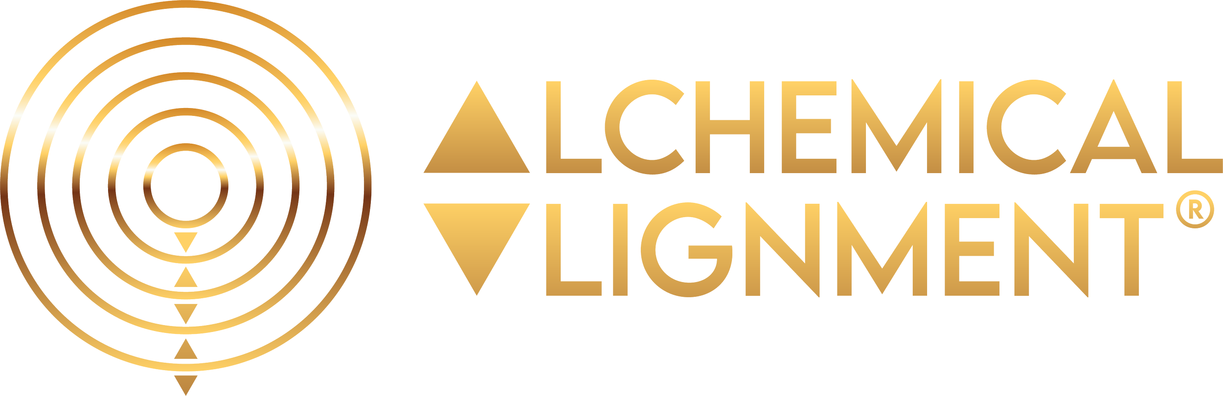 Logo of Alchemical Vignet, featuring a gold circular geometric design with concentric circles and arrows, alongside the text 'ALCHEMICAL VIGNMENT' in gold lettering.