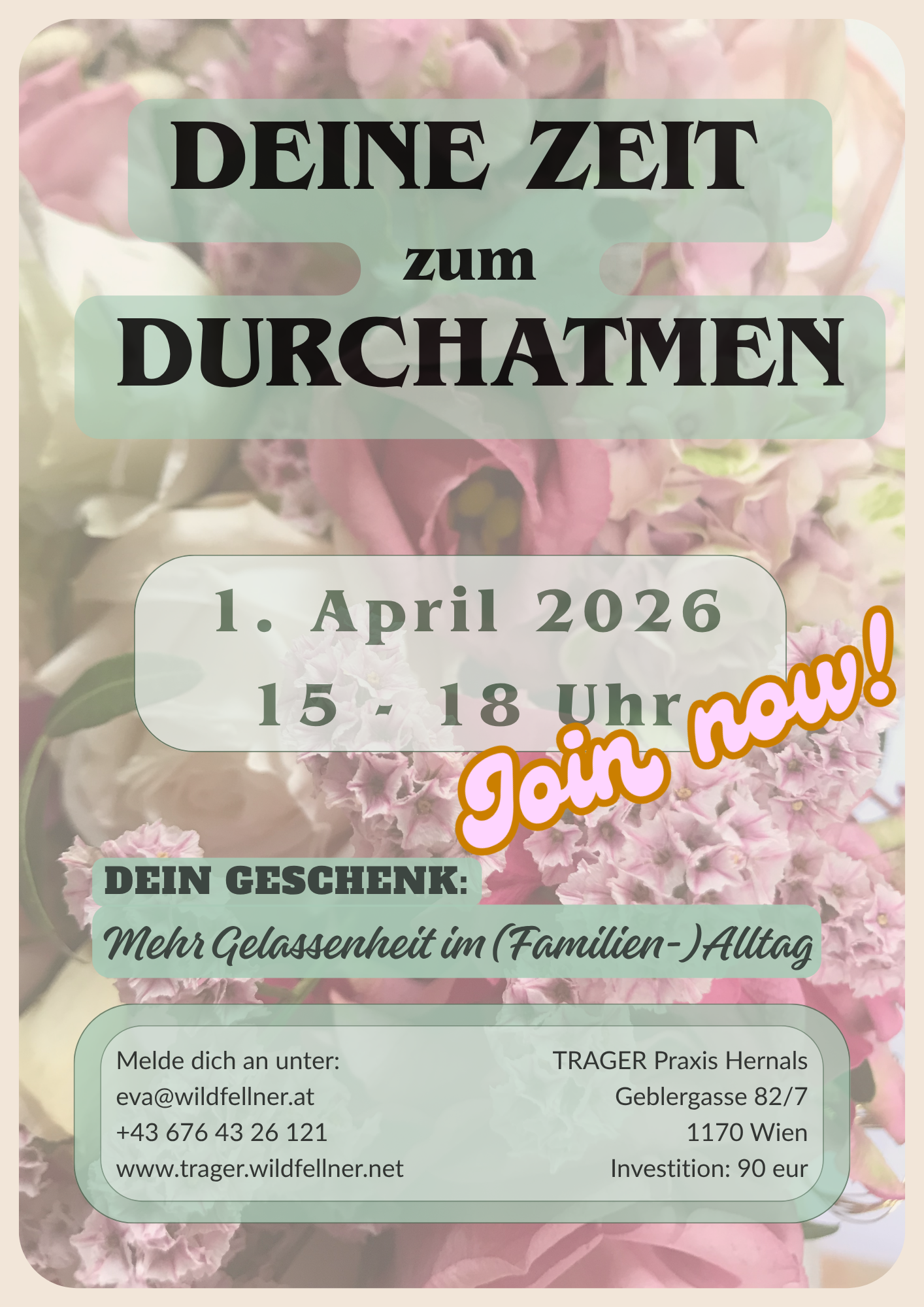Flyer für einen Workshop mit Text und Blumen im Hintergrund.