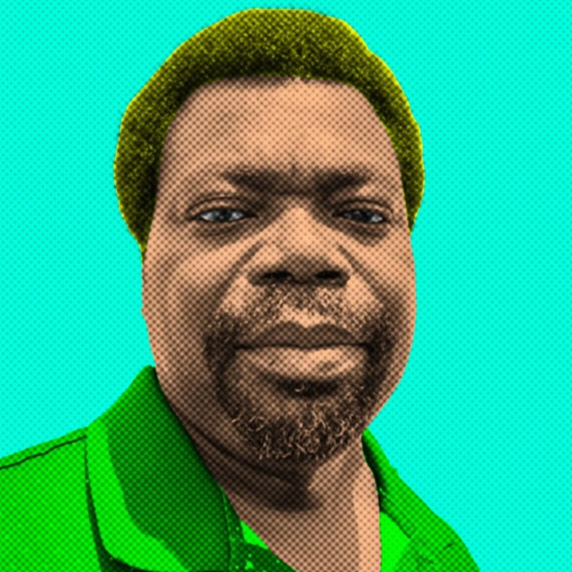 Pop art style portrait of a person with short hair, wearing a green shirt, on a bright turquoise background.