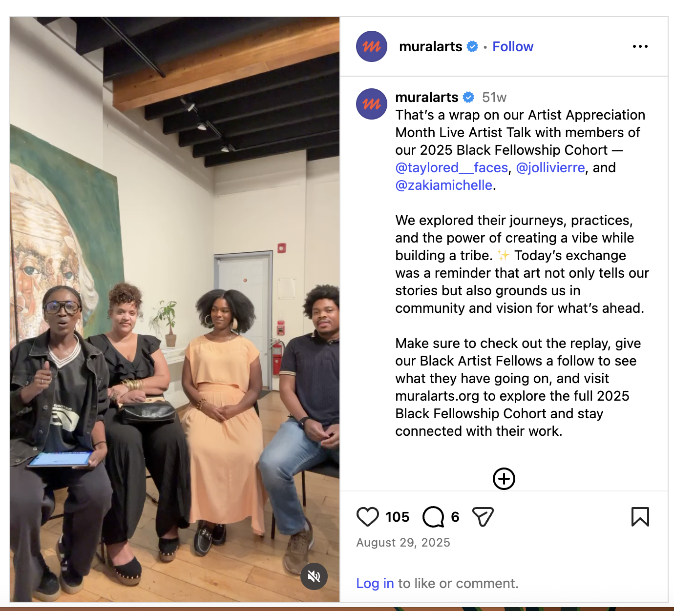 "That’s a wrap on our Artist Appreciation Month Live Artist Talk with members of our 2025 Black Fellowship Cohort — @taylored__faces, @jollivierre, and @zakiamichelle. 

We explored their journeys, practices, and the power of creating a vibe while bu