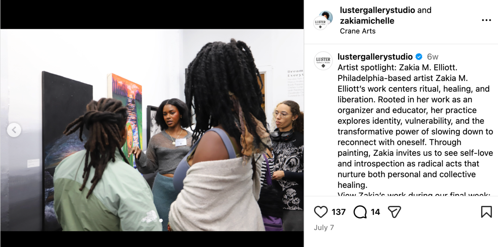 "Artist spotlight: Zakia M. Elliott.
Philadelphia-based artist Zakia M. Elliott’s work centers ritual, healing, and liberation. Rooted in her work as an organizer and educator, her practice explores identity, vulnerability, and the transformative pow