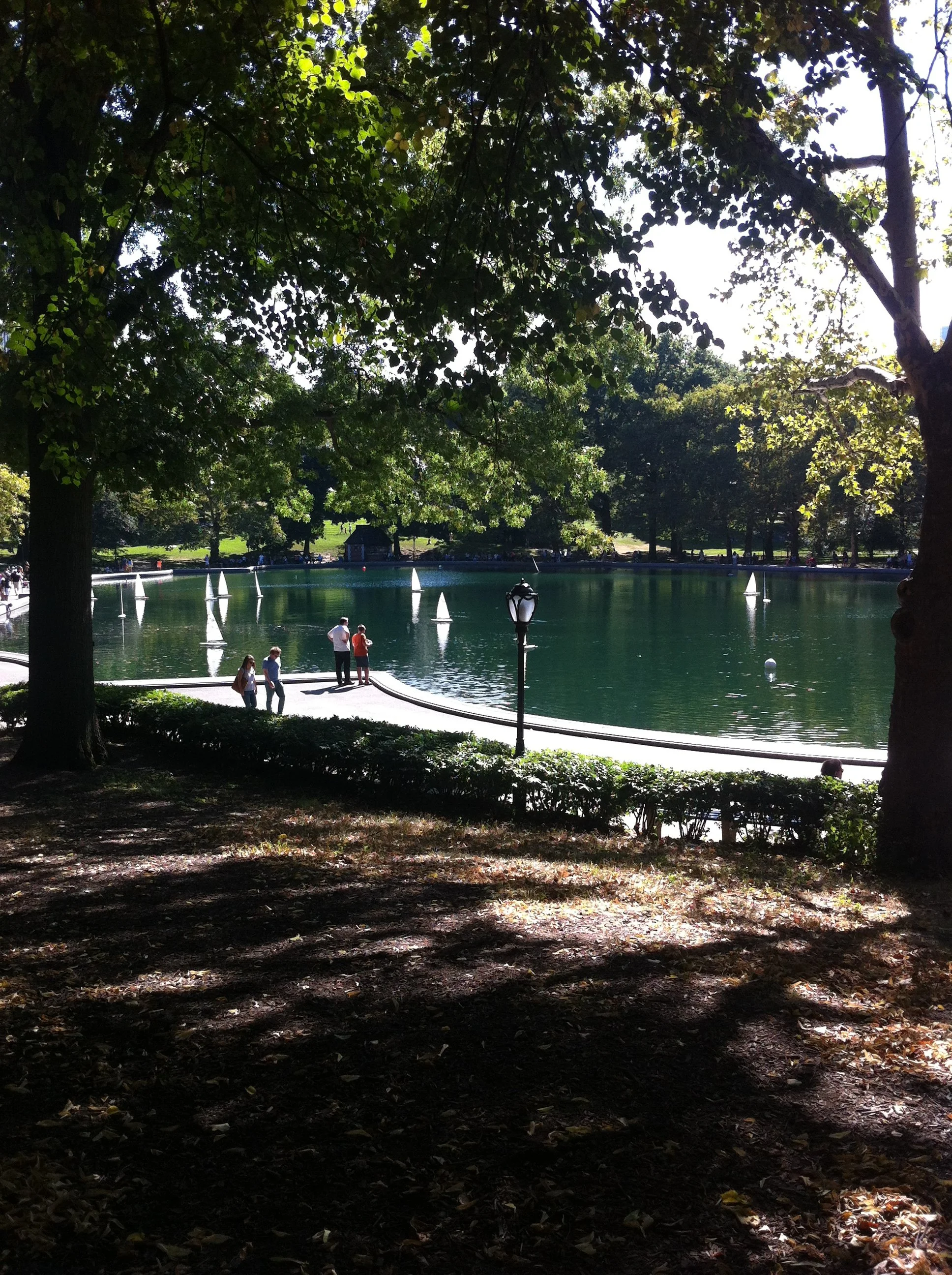 Model sailboats on Conservatory Water framed by summer trees in Central Park, New York City