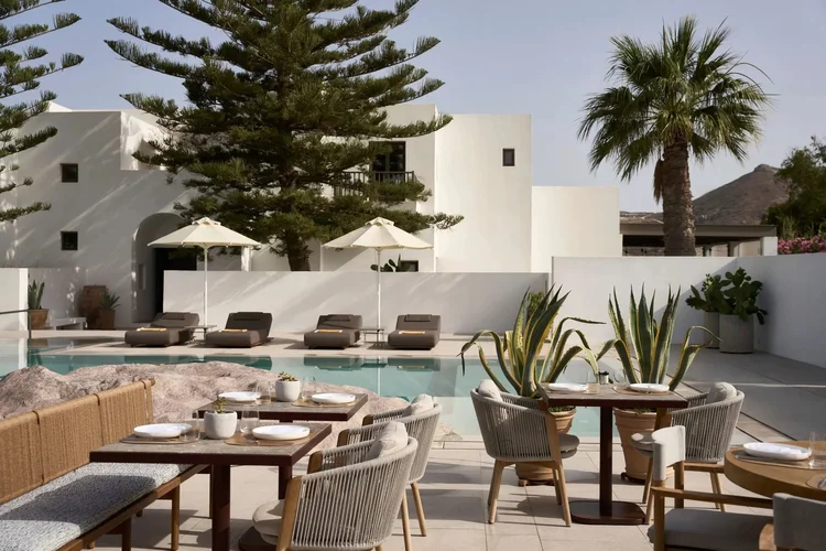 Parilio Paros poolside restaurant with Cycladic architecture