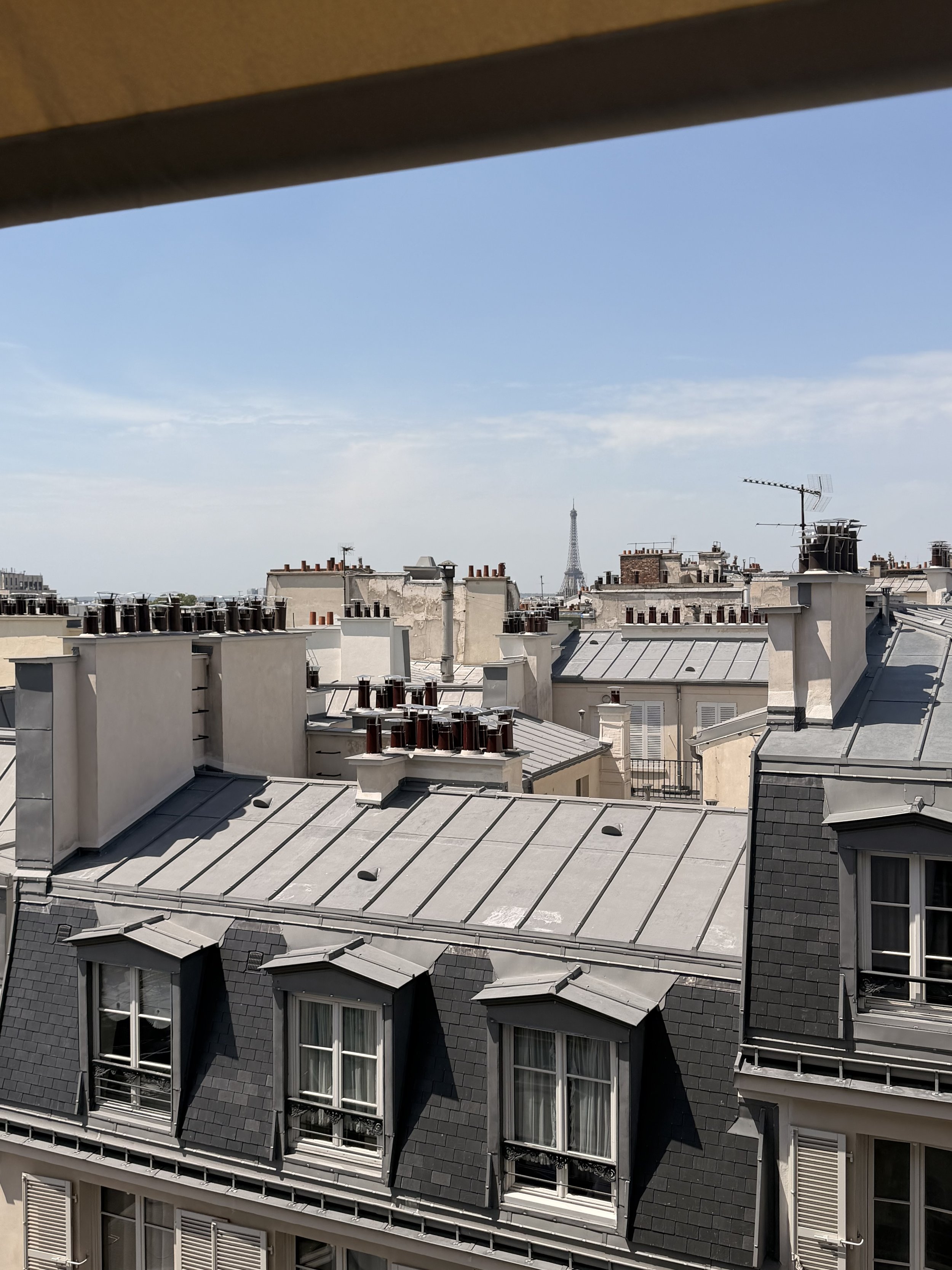 Paris zinc rooftops and chimney pots with the Eiffel Tower in the distance, seen from Cheval Blanc Paris taken by client of Kate Van Dell, Travel Advisor