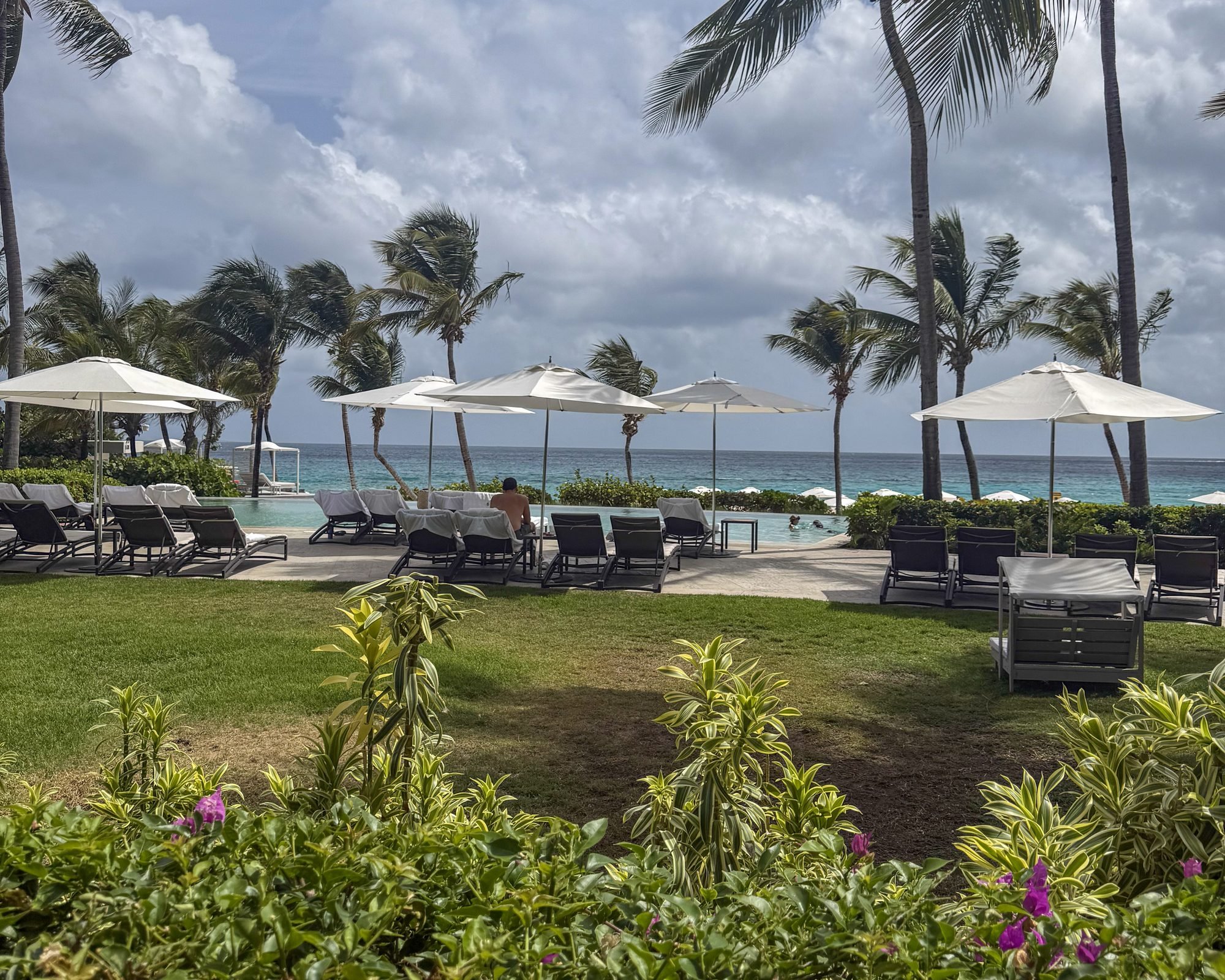 An adult and child swimming in an oceanfront pool at Four Seasons Anguilla, framed by palm trees, white beach umbrellas, and the sea.