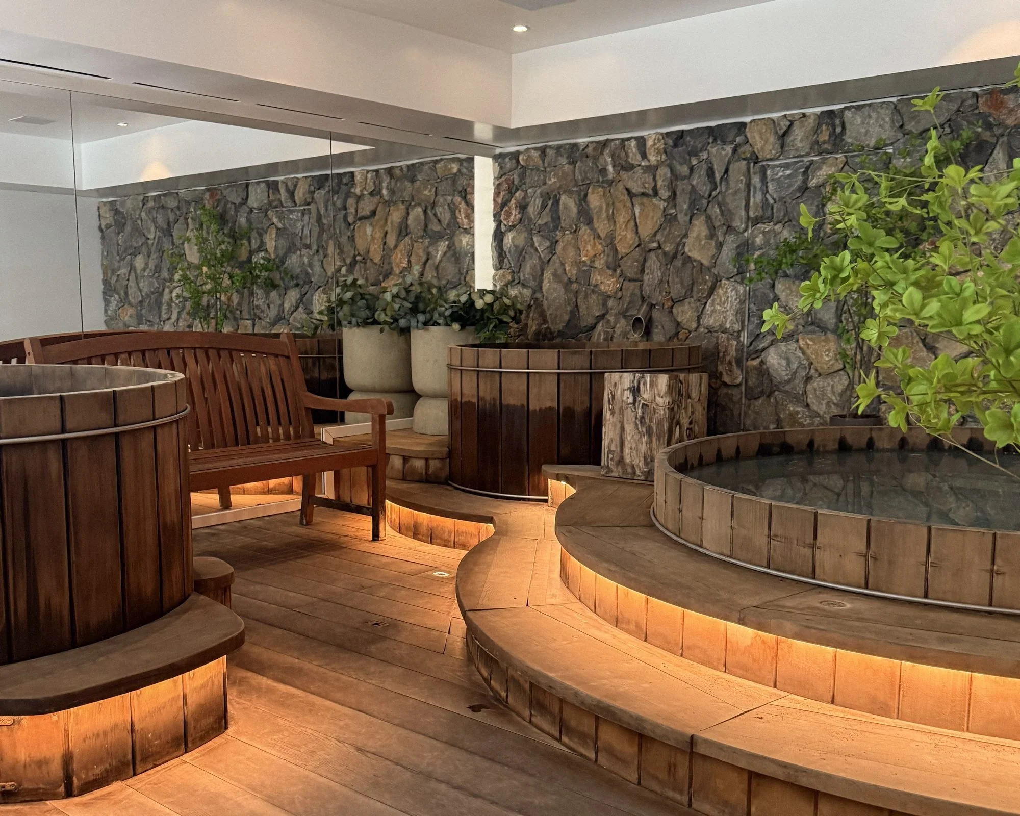 Wooden Nordic baths in the La Mer spa at Le Barthélemy Hotel and Spa, St. Barth