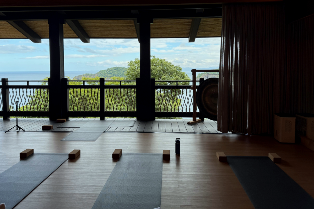 瑜伽工作室内部陈设着瑜伽垫和瑜伽砖，透过敞开的窗户可俯瞰树木与水景的优美风景。