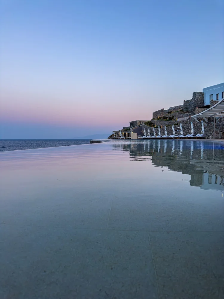 Cali Mykonos infinity pool at sunset