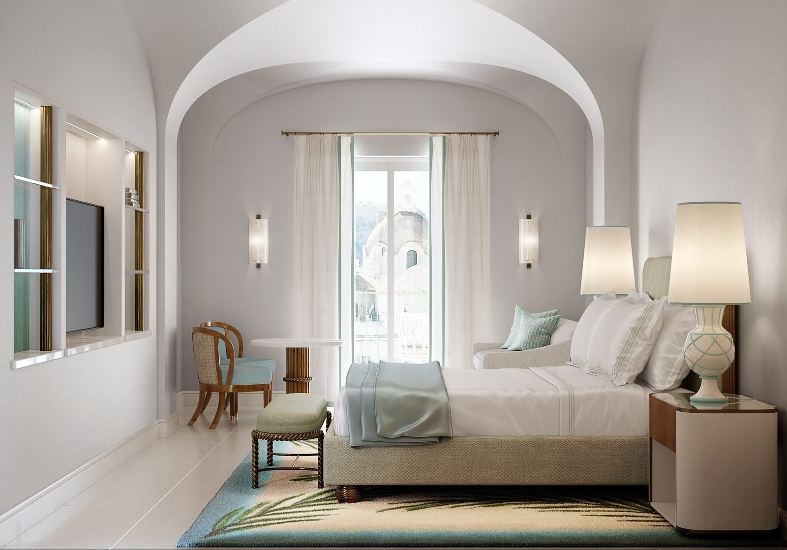 Room at Hotel La Palma Capri with a vaulted ceiling and doors opening toward a church dome in Capri town