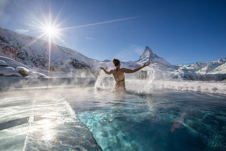 Riffelalp Resort outdoor pool with Matterhorn view