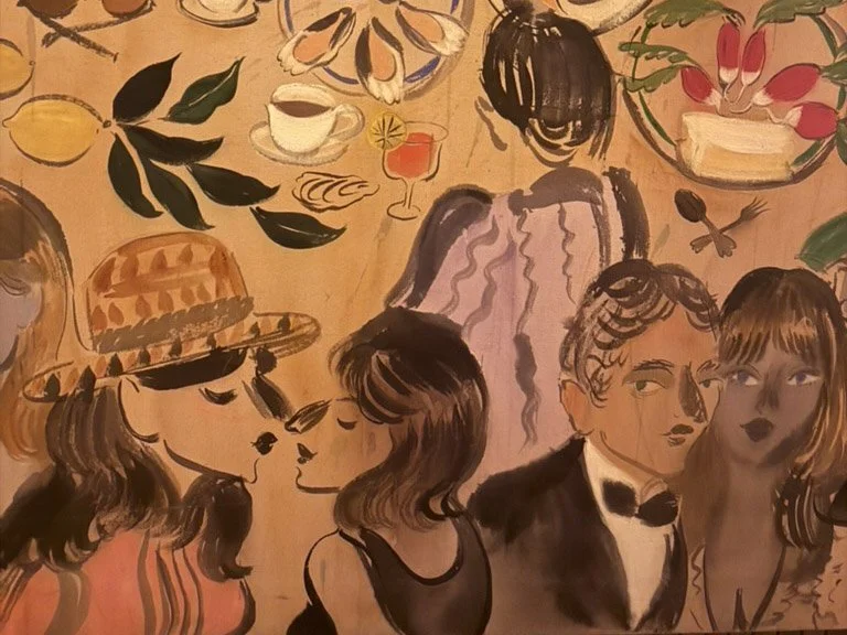 Expressionist painting by French artist Fanny Nushka depicting Monsieur and Madame Barrière-Desseigne at a French gathering inside Fouquet's New York
