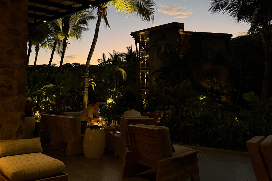 Outdoor dinner scene at dusk with people sitting at tables among tropical plants and palm trees, with a building in the background.