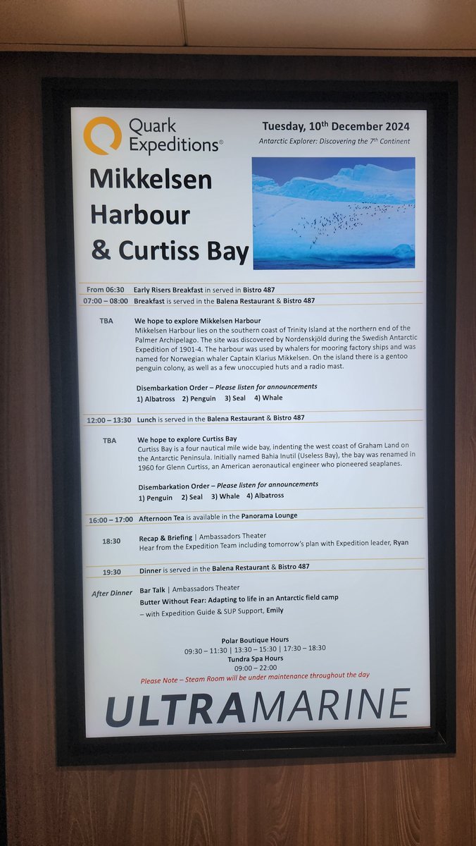 Quark Ultramarine daily expedition program board listing Zodiac disembarkation groups