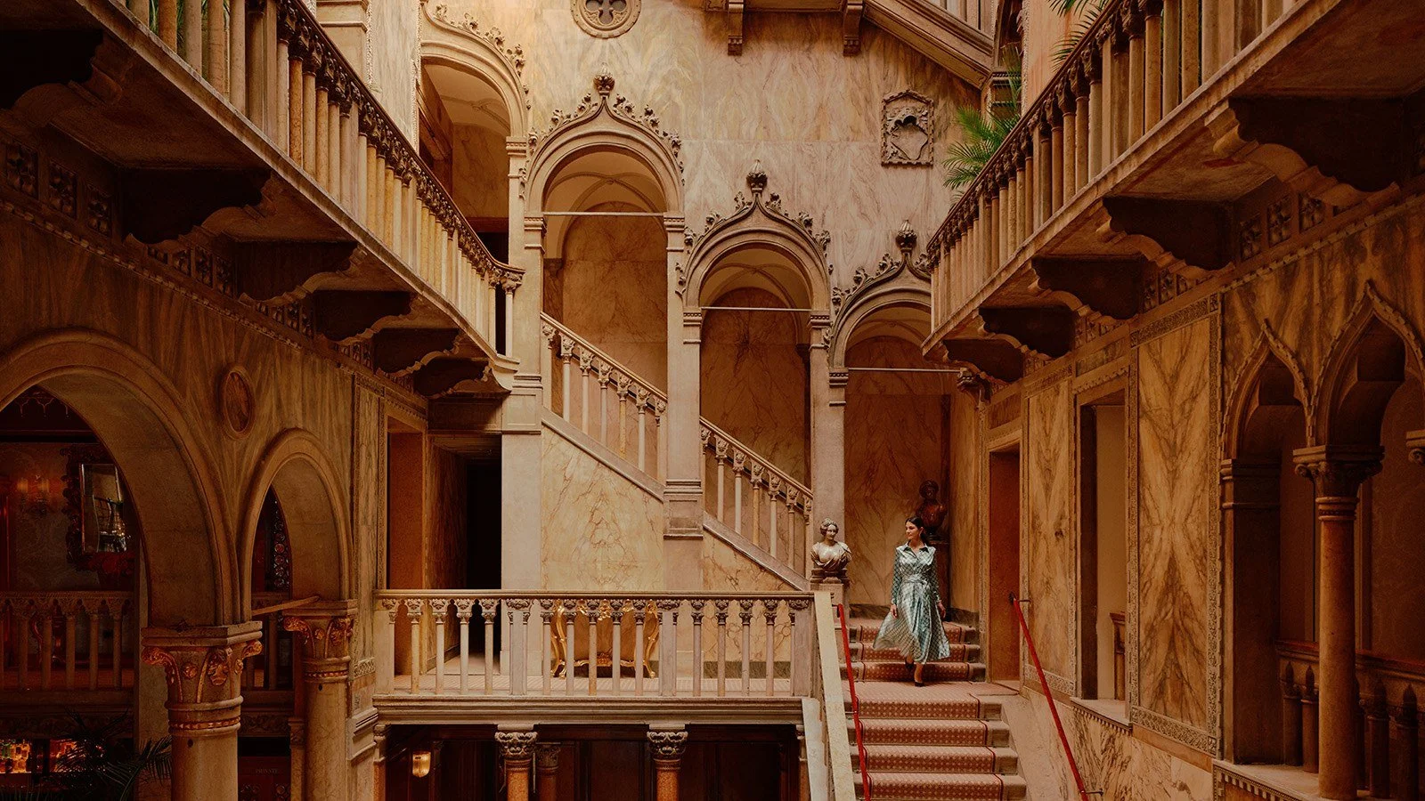 Venetian Gothic atrium with marble staircase, arches and balconies at Danieli, Venezia, A Four Seasons Hotel