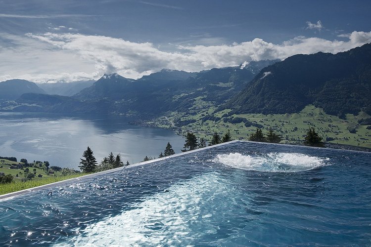 Villa Honegg infinity pool with lake and mountain views