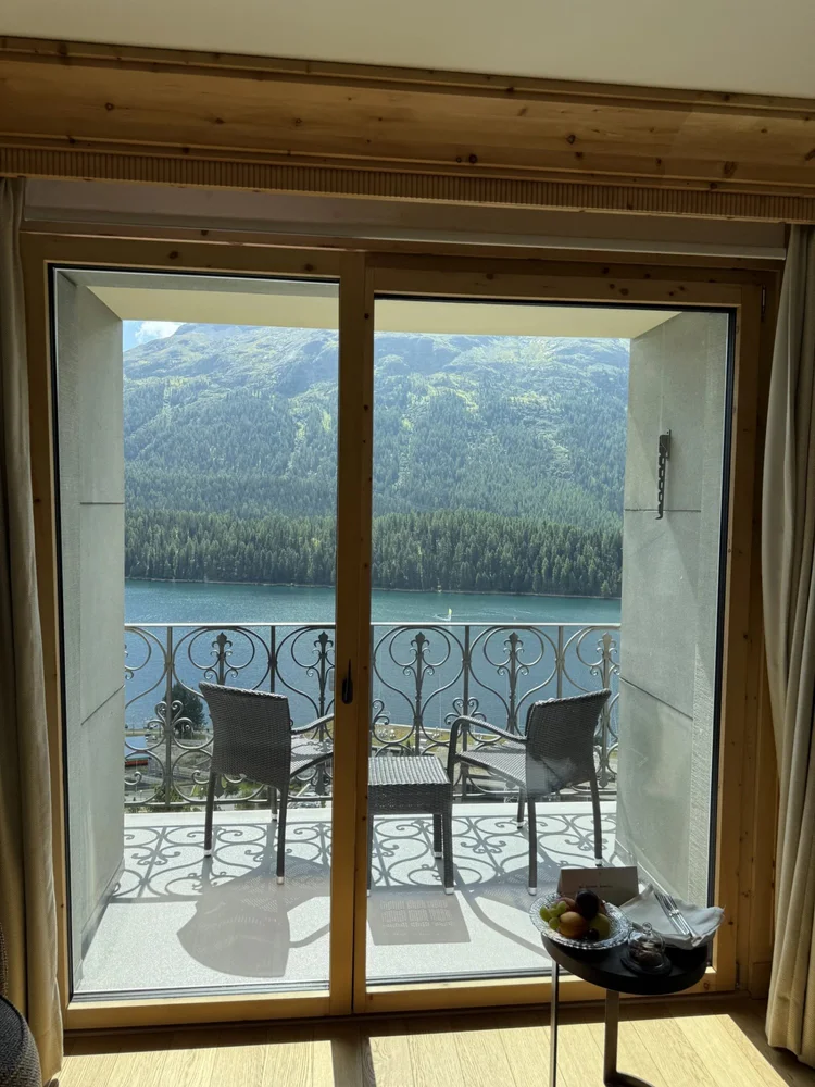 Kulm Hotel St Moritz lake and mountain balcony view