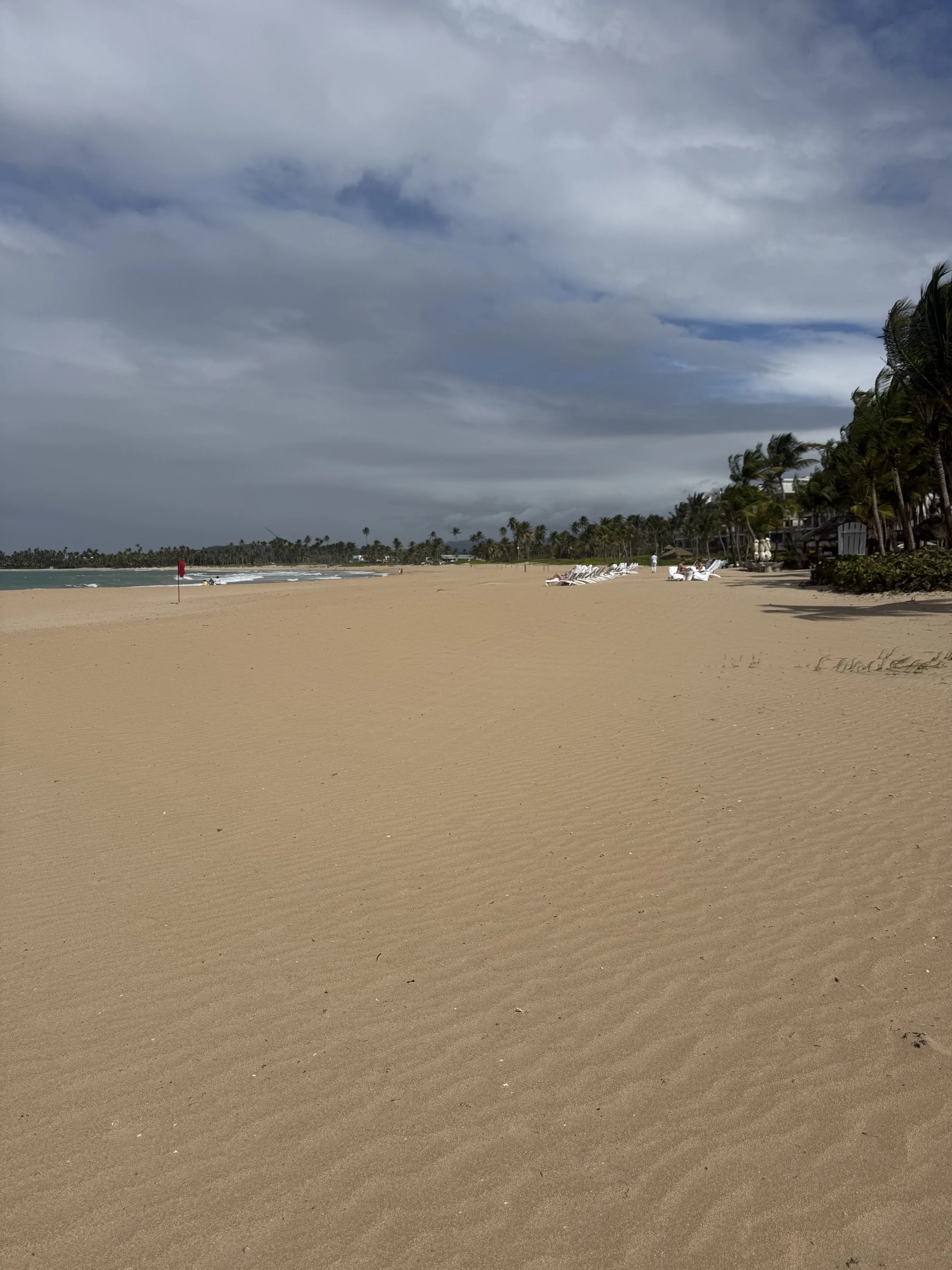Wide stretch of sand with white loungers and palm trees under gathering clouds, Puerto Rico
