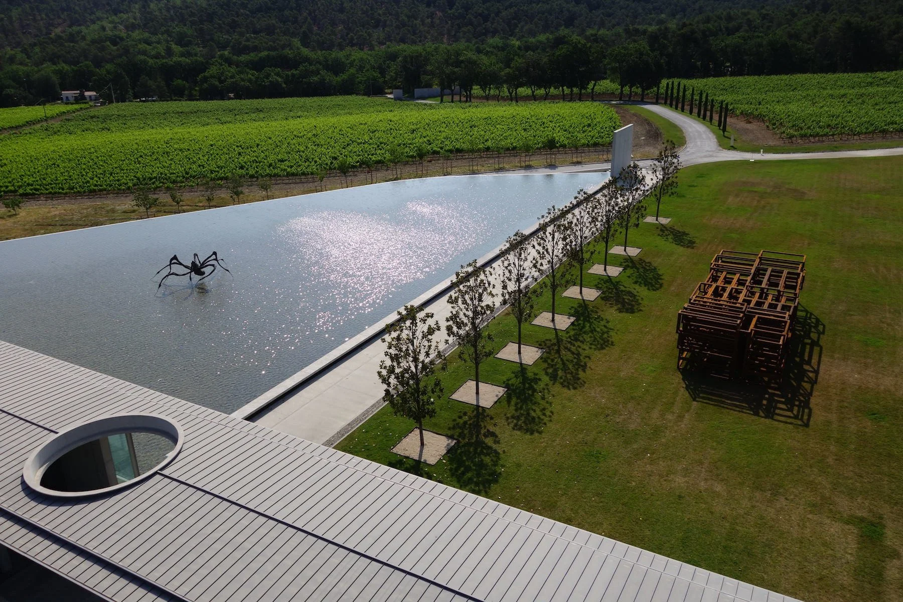 Louise Bourgeois spider sculpture in the reflecting pool at the Tadao Ando art centre, Château La Coste.