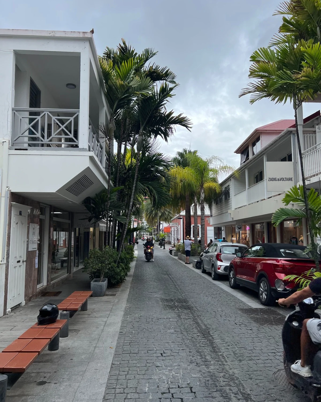 Boutique shopping street in Gustavia, St. Barts with luxury storefronts