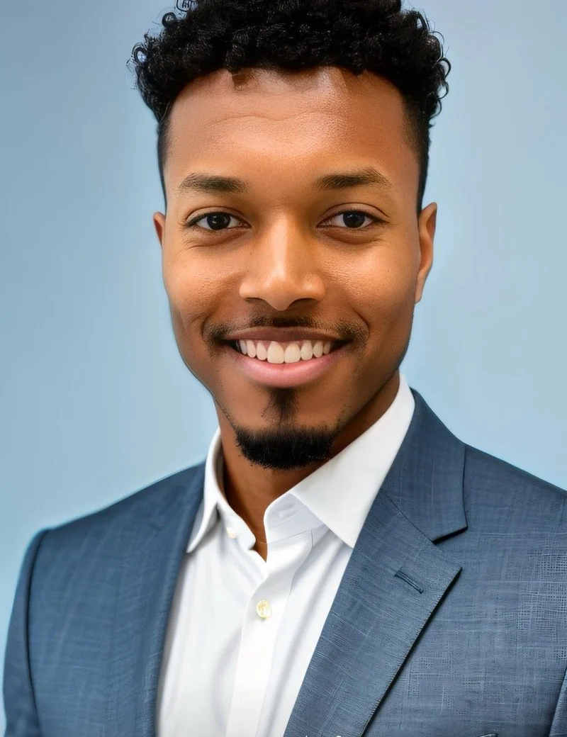 A smiling young man with curly black hair, a mustache, and goatee, dressed in a dark blue suit and white shirt, against a light blue background.
