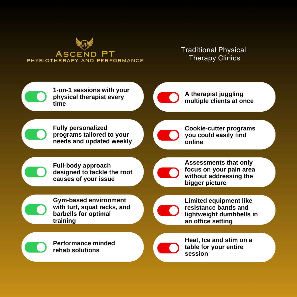 A list of physical therapy clinic features with green checkmarks indicating positives and red crosses indicating negatives, including personalized programs, full-body approach, gym environment, performance rehab, and session frequency.