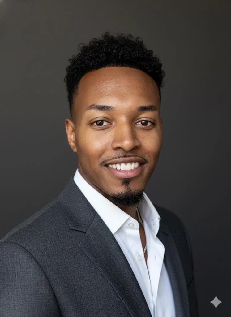 Professional headshot of a smiling young man with curly hair, wearing a dark suit and white shirt, against a plain dark background.