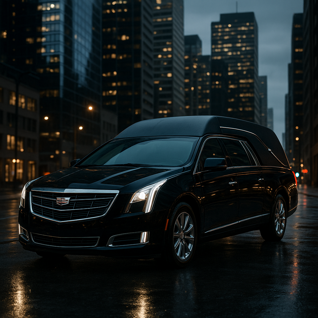A black Cadillac hearse parked on a wet city street at dusk, with tall illuminated office buildings in the background.