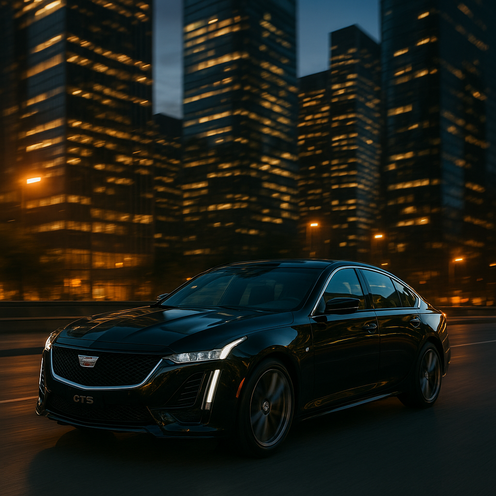 A black luxury sedan driving on a city street at night, with tall illuminated skyscrapers in the background.