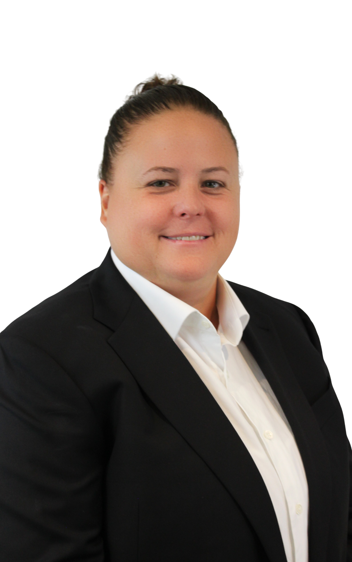 A professional headshot of a woman wearing a black suit and white shirt, smiling with short brown hair pulled back.