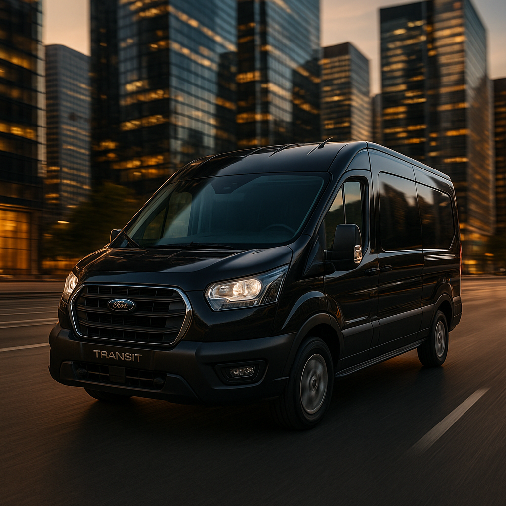 A black Ford Transit van driving on a city street at sunset with tall glass office buildings in the background.