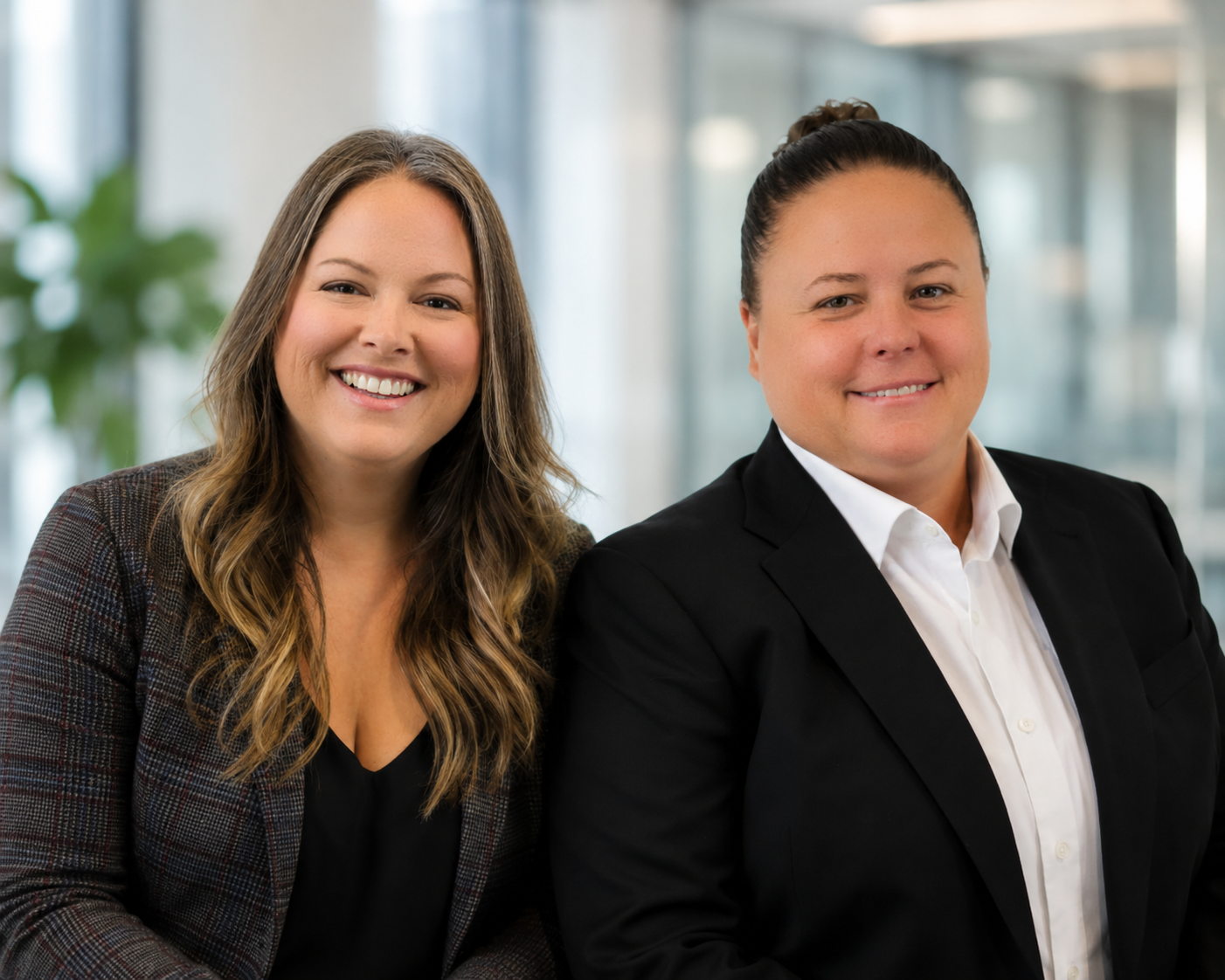 Two smiling women in business attire posing in an office setting with large windows.