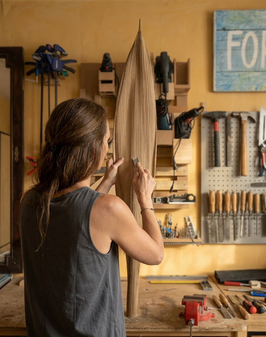 Mujer tallando una canoa de madera en un taller con herramientas en la pared.