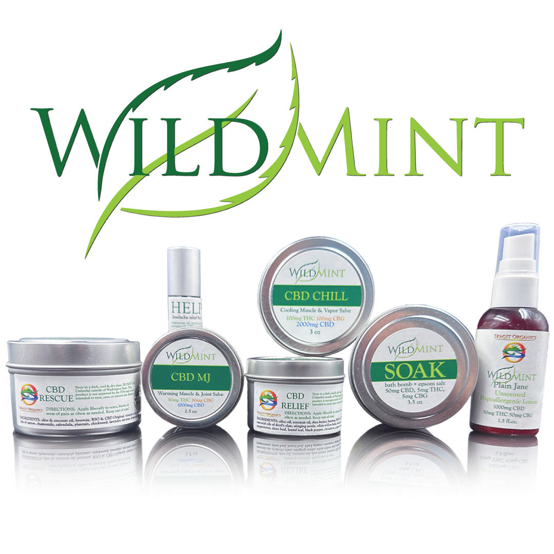 A picture showing all the different types of topical products under the Wild Mint brand packaged in metal tins with white and green labeling made by Skagit Organics