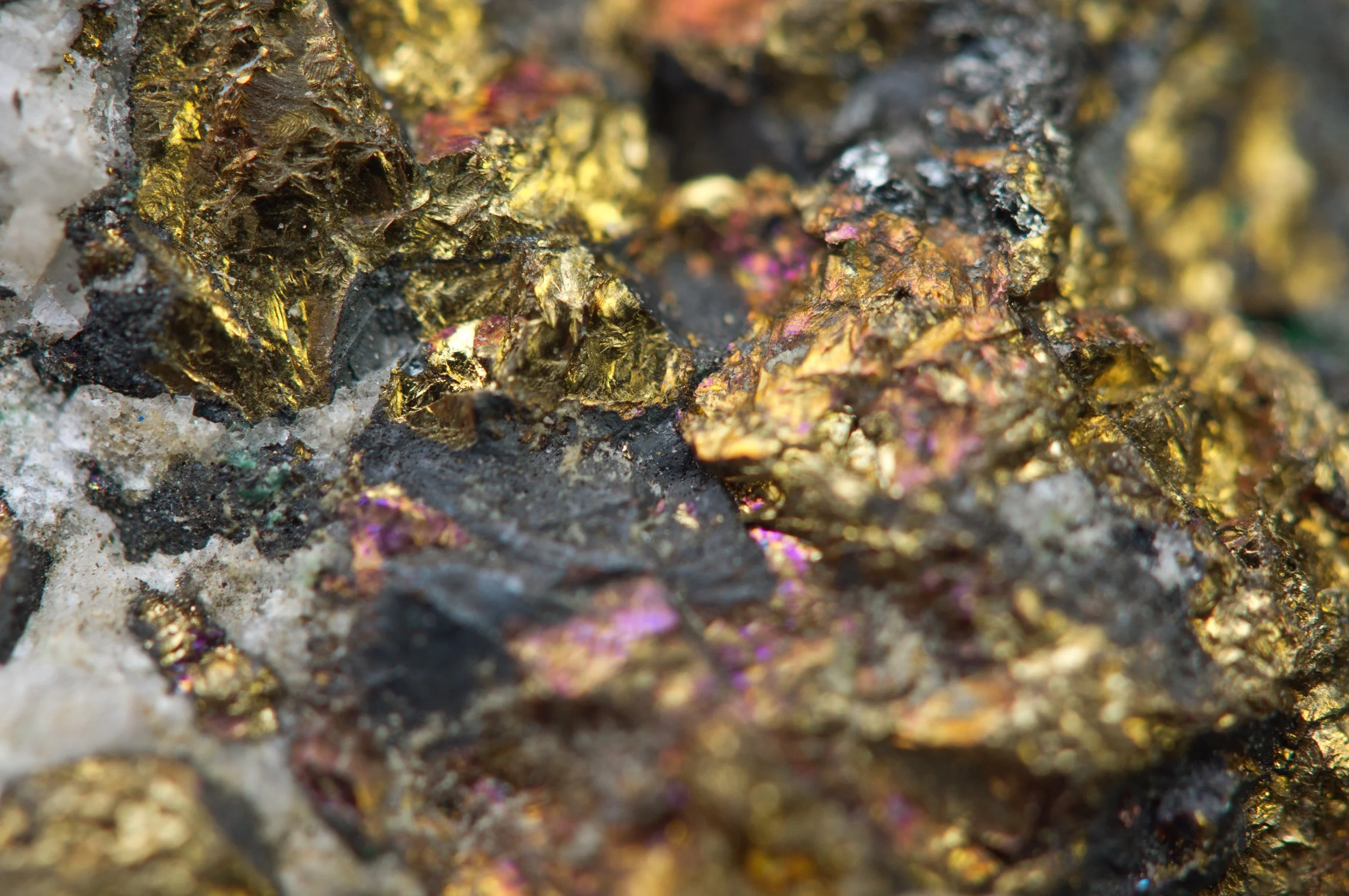 Close-up of shimmering metallic minerals with gold, purple, and green hues.