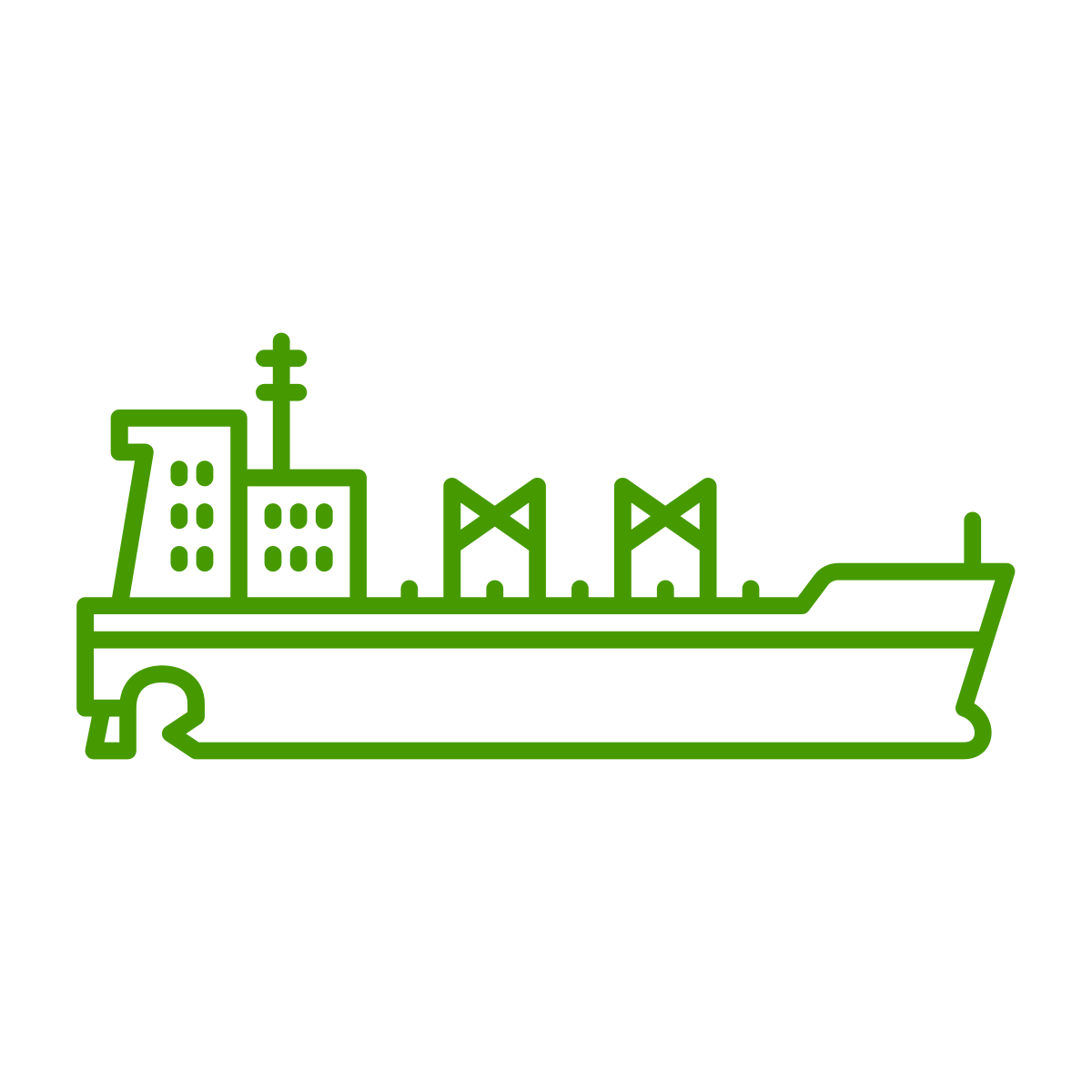 Green outline drawing of a cargo ship with containers and antennas on a black background.