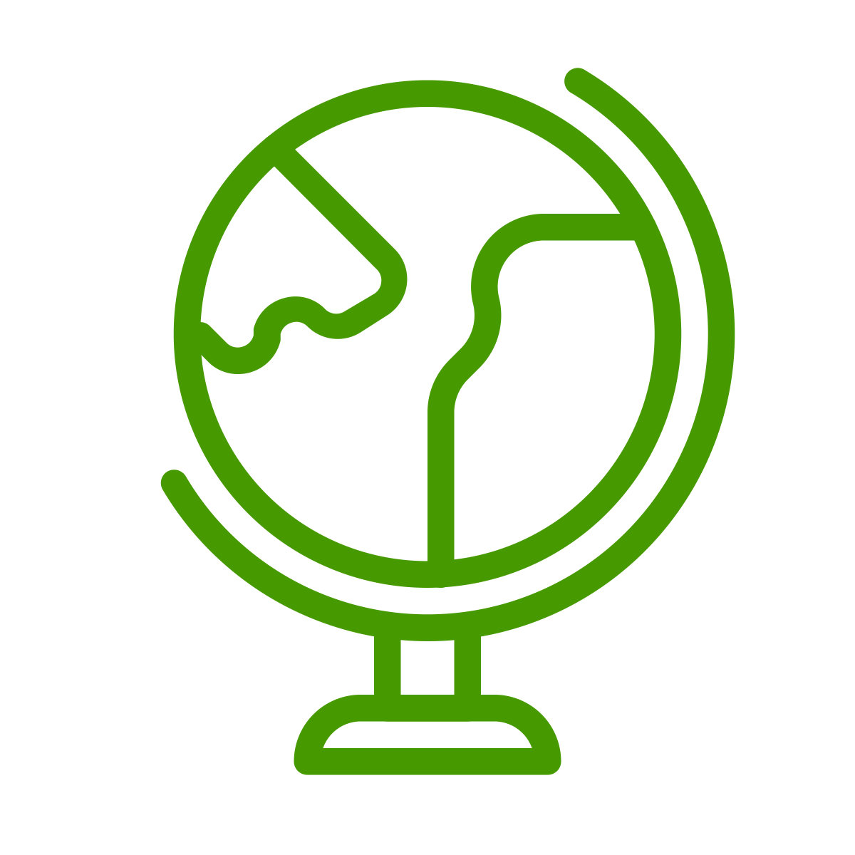 A green outline illustration of a globe with longitude and latitude lines, mounted on a stand.