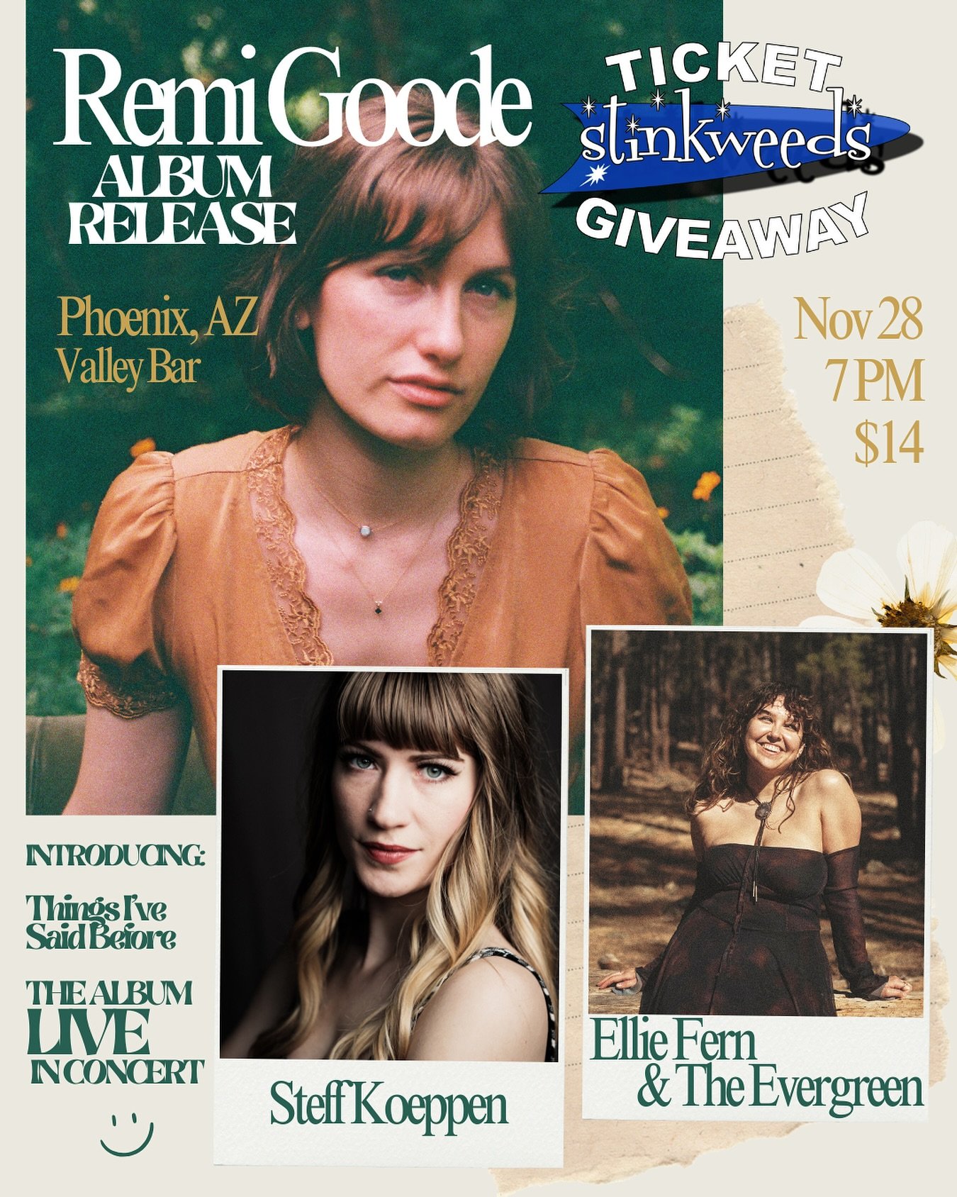 GOOD NEWS, PHX!! were you planning on coming to my album release show, but waiting to buy tickets? now you have a chance to win 2 tickets for FREE!!🚨🗣️ our friends at @stinkweedsrecords are doing this giveaway with us&lt;3 so starting now until Fri