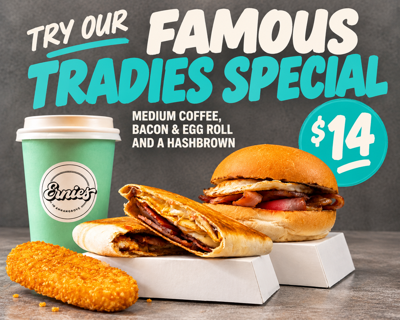 A promotional display of a lunch deal featuring a medium coffee, bacon and egg roll, hashbrown, and a sandwich, priced at $14, with an image of a coffee cup, a sliced breakfast wrap, a hashbrown, and a sandwich on a table.