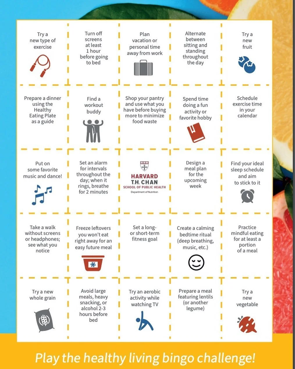 Love this healthy living bingo challenge from @harvardchansph !! It has some really great ideas.