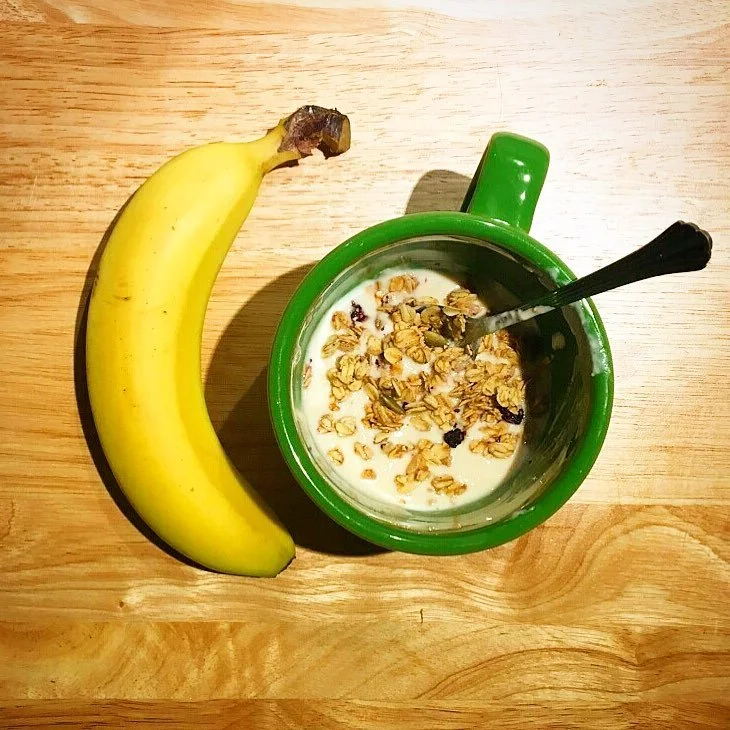 Plain Greek yogurt 🐮 blended ❗️ with banana 🍌honey 🍯 and ginger topped with lemon 🍋 blueberry granola! 🥣Guest post from @steiner_the_recliner