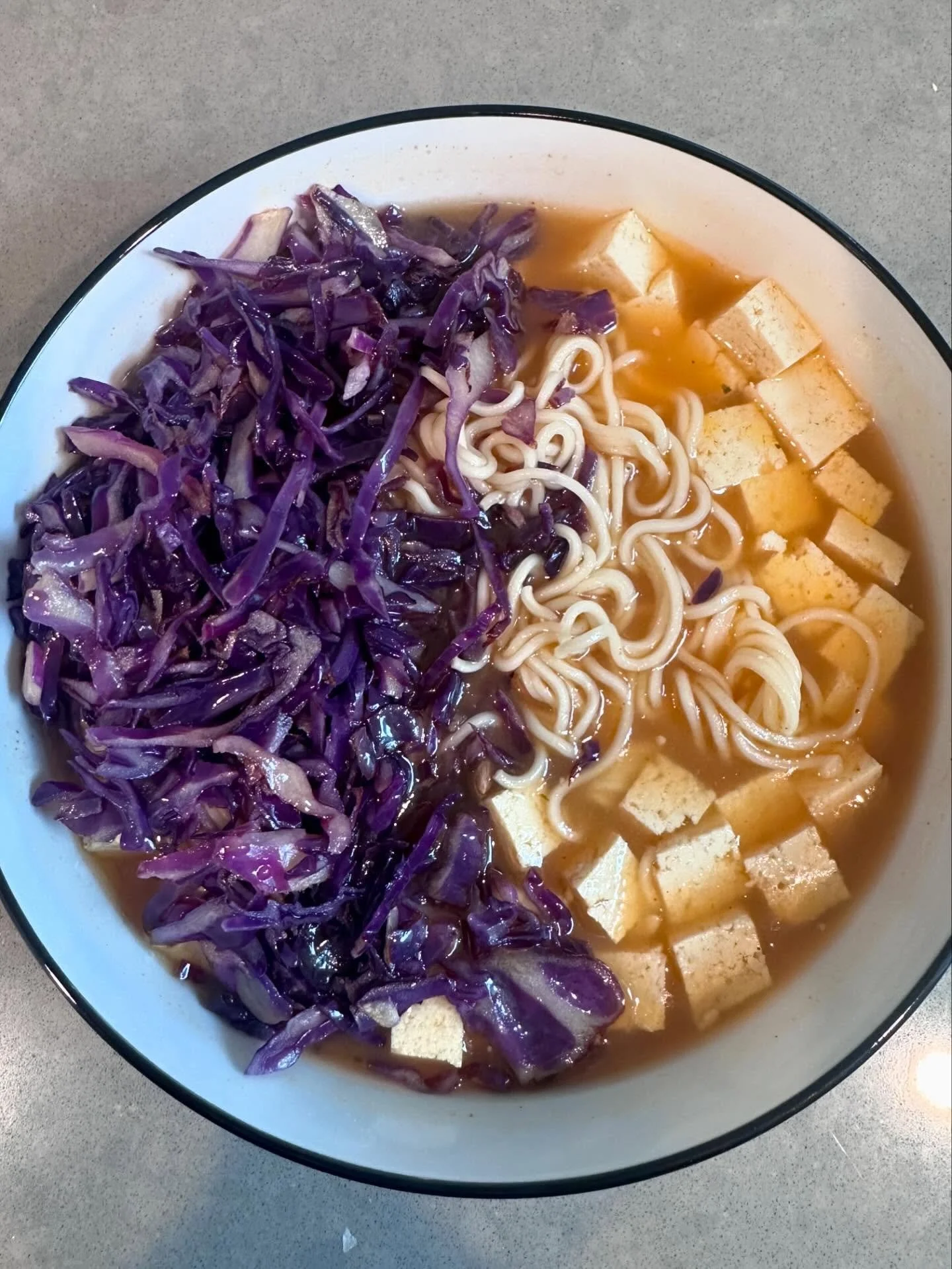 This was a shelf stable noodle soup mix with added tofu and cabbage to make it complete! Very quick meal 

Protein: Tofu
Vegetable: saut&eacute;ed cabbage (precut/washed) just sautee a few minutes to soften 
Carb: Noodles