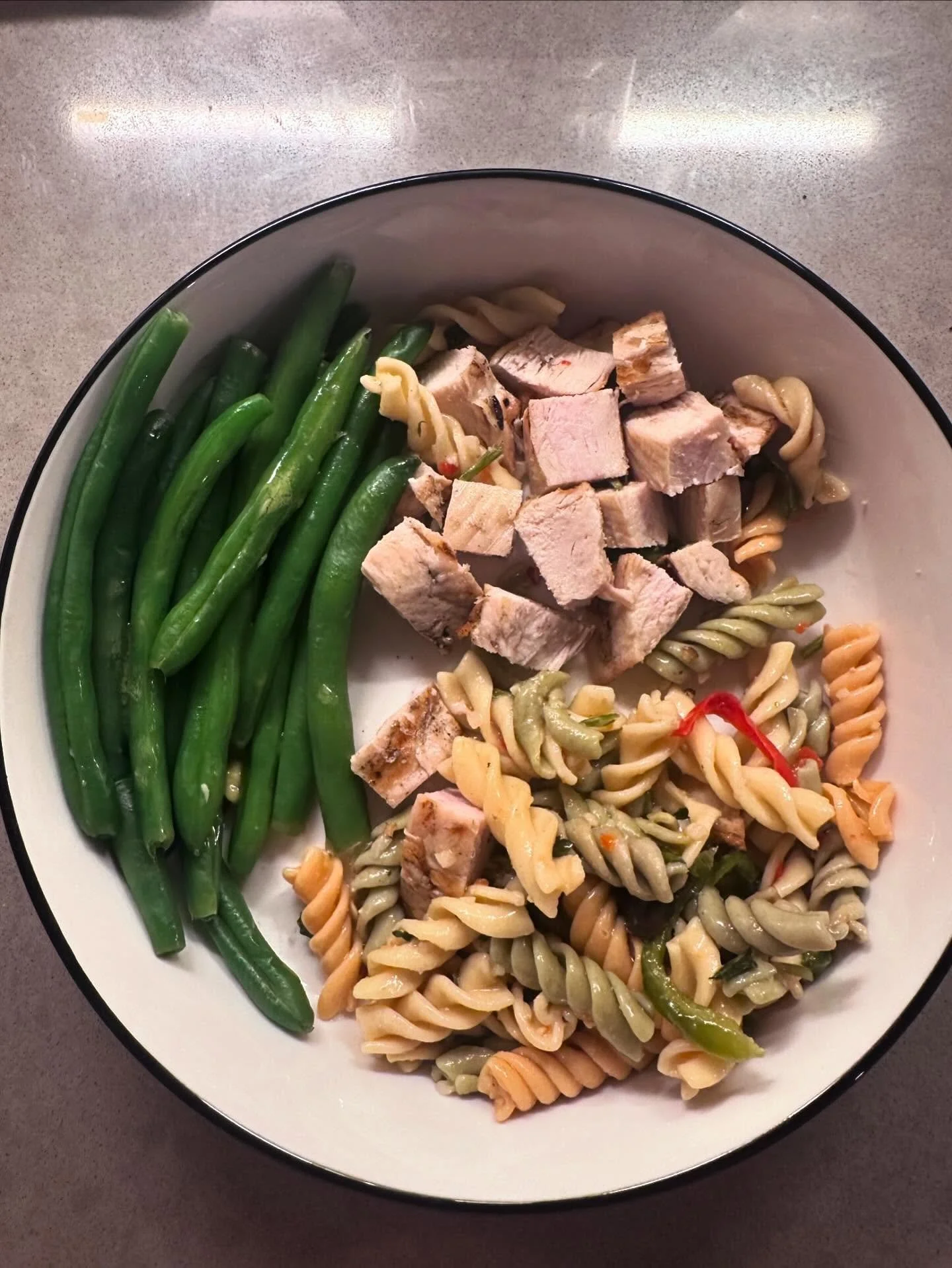 Vegetable: green beans 
Protein: chicken
Carb: pasta
