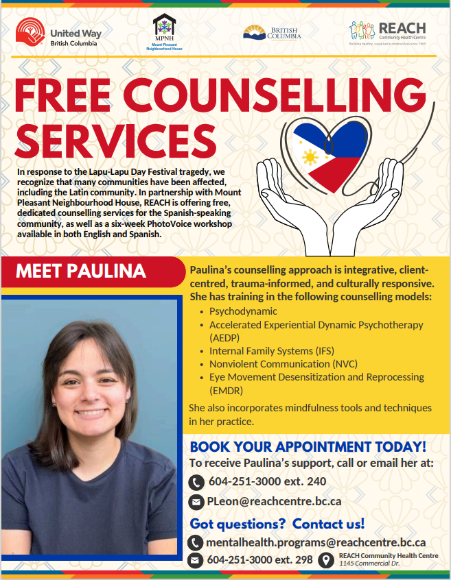 Flyer for free counseling services in British Columbia offered by Mount Pleasant Neighbourhood House and REACH. Features a heart-shaped logo with the Philippine flag and an illustration of two hands holding the flag-heart. It highlights services for the Spanish-speaking community, including individual counseling and workshops in both English and Spanish.