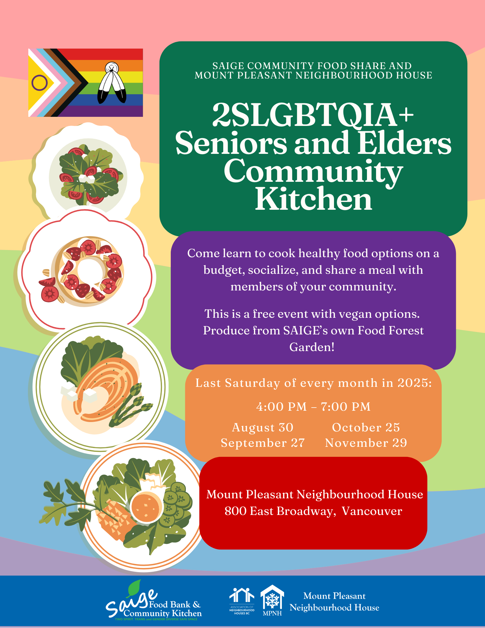 Community kitchen event flyer for 2SLGBTQI+ seniors and elders, with details about date, location, and sponsors. Background shows kitchen utensils, with logos of Saige, Mountain Pleasant Neighborhood House, and MPNH at the bottom.