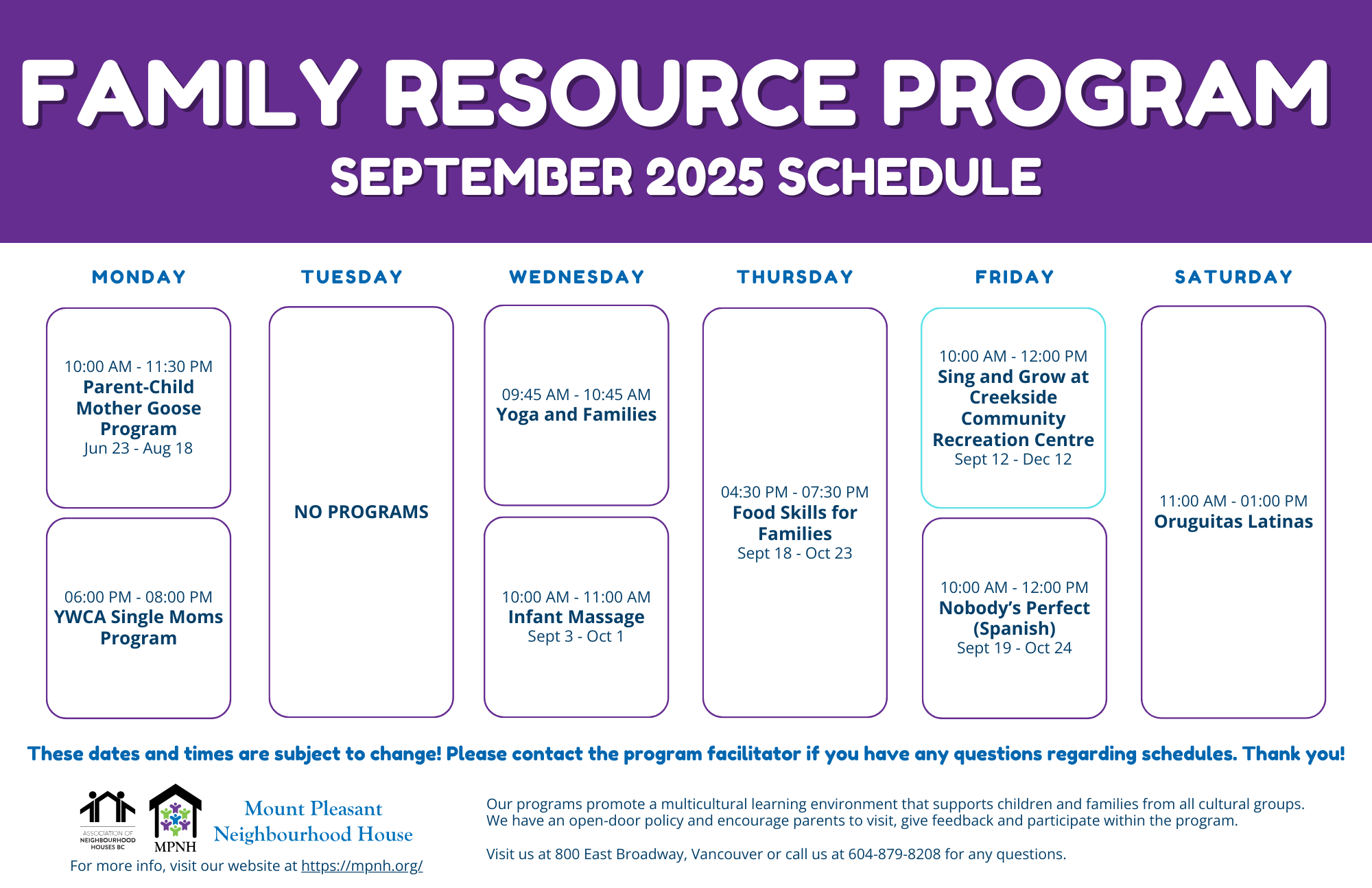 Schedule for Family Resource Program in September 2025, listing activities on each day, including Parent-Child Mother Goose Program in June-August, Yoga for Families on Wednesdays, Sing and Grow at Creekside Community Recreation Center on Fridays, and others. No programs on Tuesdays and Saturdays.