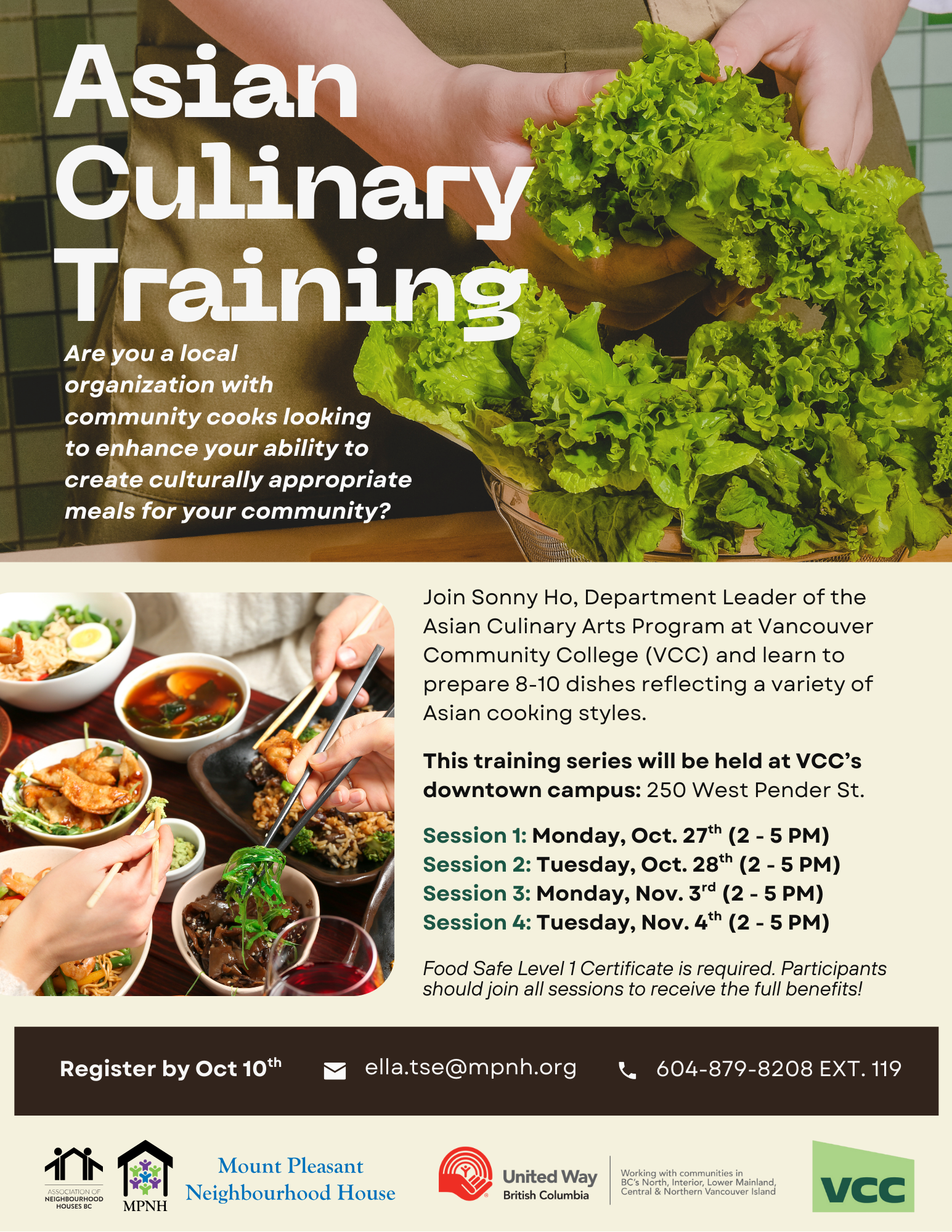 Flyer advertising Asian culinary training classes, featuring a large image of fresh green lettuce and a smaller image of Asian dishes with chopsticks, bowls, and drinks, along with session details and contact information.